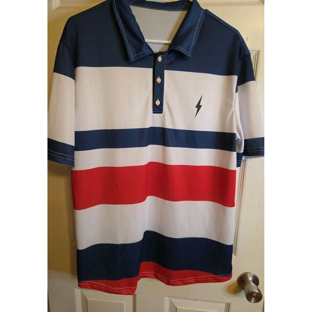 OUFISUN Men's XL Polo Shirt Red White Navy Blue Striped Lightning Bolt Golf